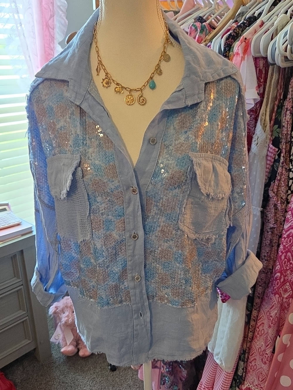 Bella Amore Light Blue Sequin Long Sleeve 100% Linen Button-Up Top NWOT